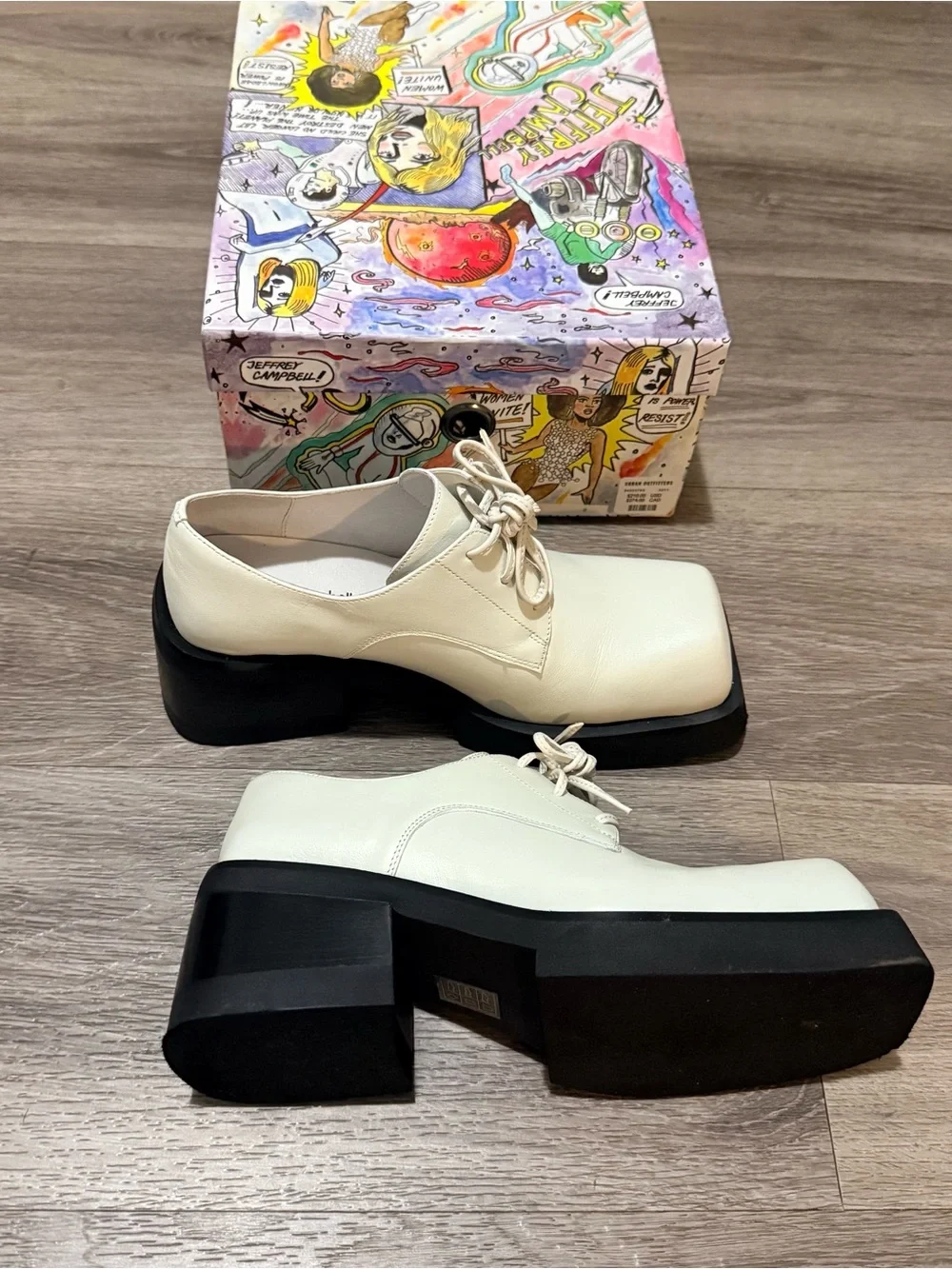Jeffrey Campbell Cream Square-Toe Lace-Up Boots with Black Platform